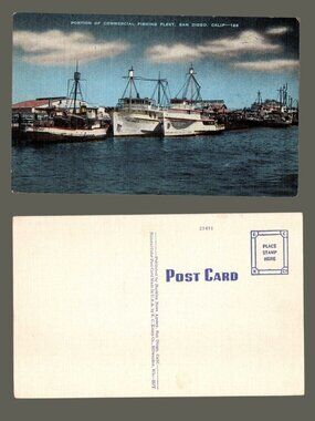 10/$25 Vintage 1930s Blank San Diego Fishing Boats Linen Postcard